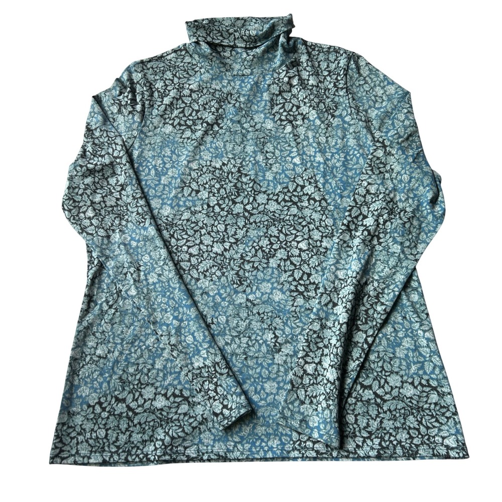 Peruvian Connection T-Neck XL Teal Mille Fleur Floral Turtleneck NWT